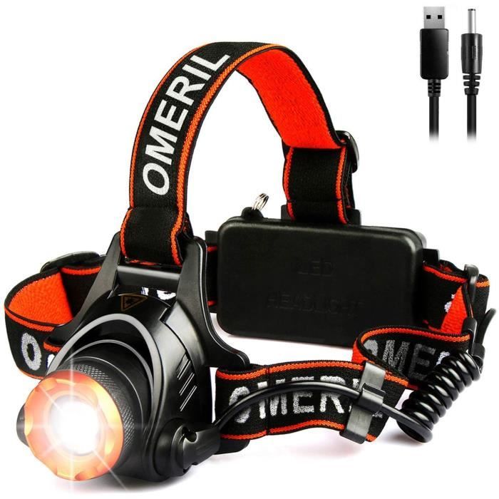 OMERIL Lampe Frontale Puissante,Torche Frontale USB Rechargeable LED CREE XML-T6,2000 LM,200 Megravetres,3 Modes Eclairage,Zoomable