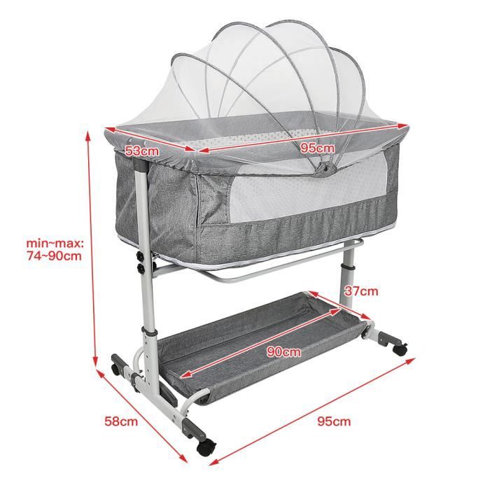 Yipeema Lit Cododo Lit d'Appoint 3 en 1 Berceau, Hauteur Réglable, Équipé Matelas + Moustiquaire Roues, Gris