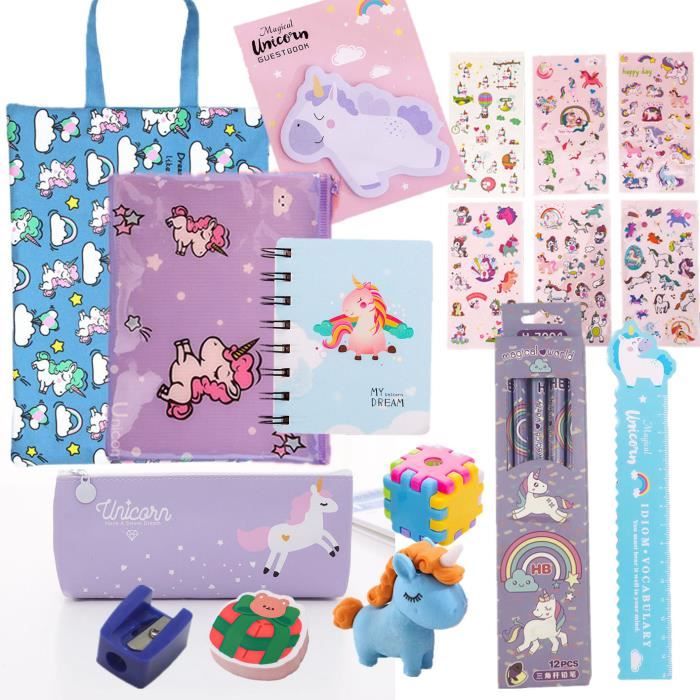 Licorne Trousse Fournitures Scolaires Ensemble de Papeterie Notes Autocollantes et Autocollants Cadeau d'école pour Enfants Violet