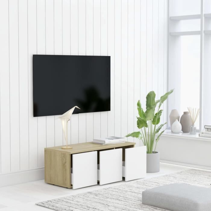 CEN Meuble TV Blanc et chêne sonoma 80 x 34 x 30 cm en Aggloméré 9055993525611