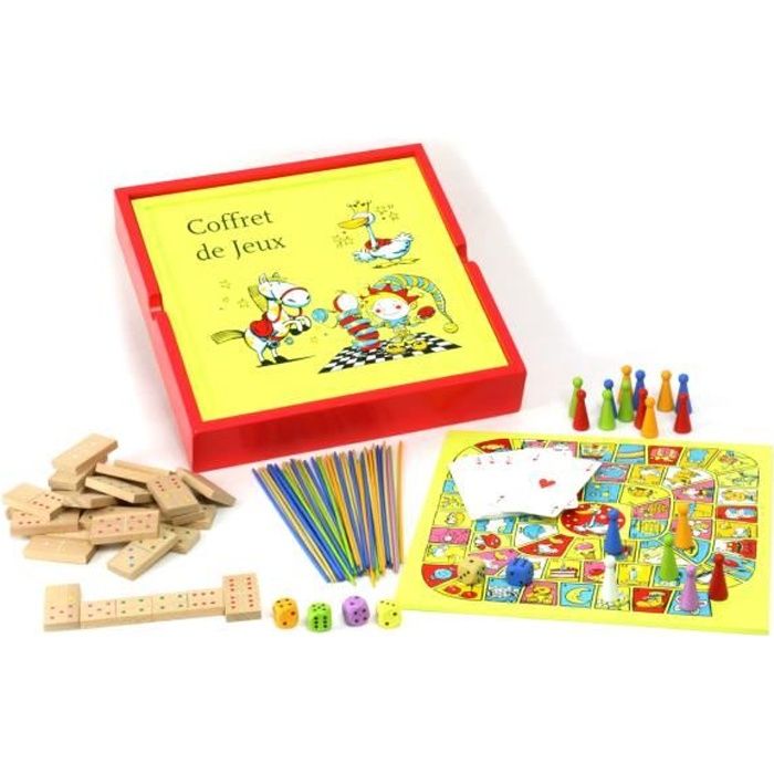 L'ARBRE A JOUER Coffret bois 100 Jeux acidule : jeu des petits chevaux, jeu de l’oie, jeu de dames, Mikado, dominos, jeu 54 cartes