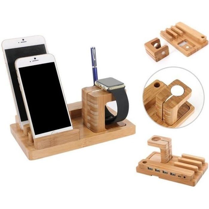 4 in 1 Bambou Bois Charge Dock Support pour Apple Montre et station d'accueil Support Berceau pour iPhone iPad iPod Apple Watch