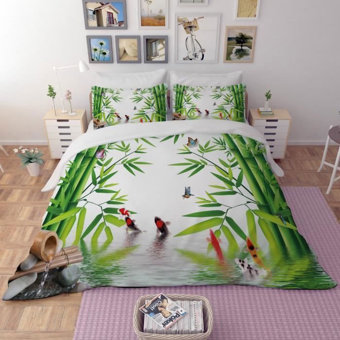 Parure de lit bambous l'eau pierres poissons papillons etc 220*240cm 3 pieces 1 housse de couette et 2 taies d'oreiller 63*63cm