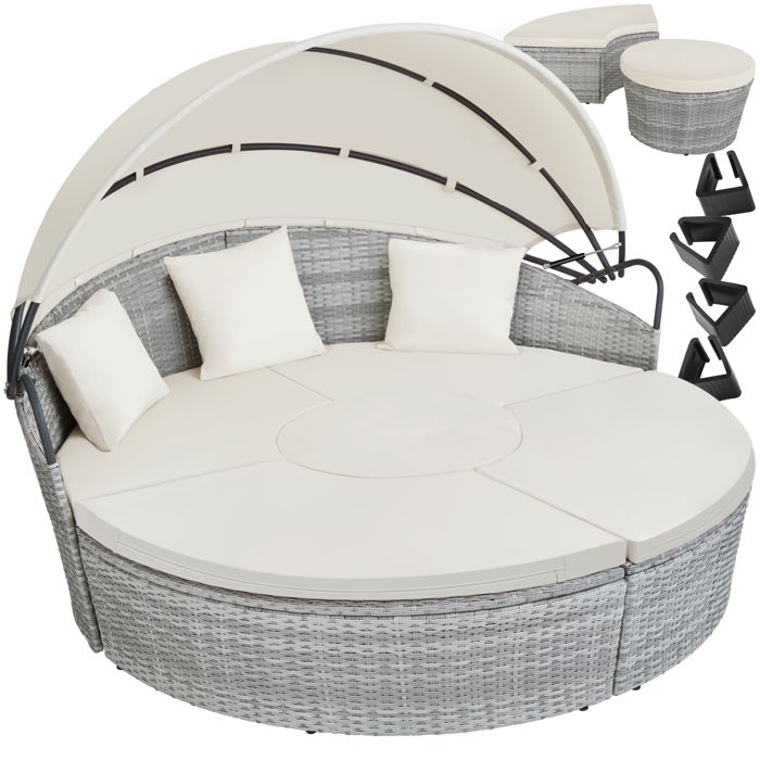 TECTAKE Lit de Jardin SANTORIN extérieur Modulable en Salon en Résine tressée + Pare Soleil réglable Gris Clair