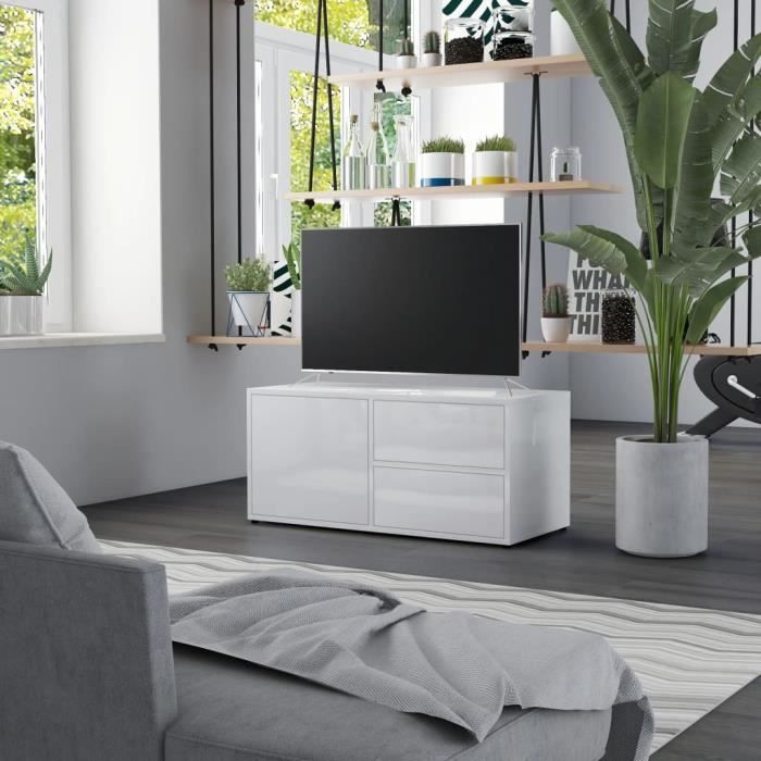 HUI Meuble TV Blanc brillant 80 x 34 x 36 cm en Aggloméré