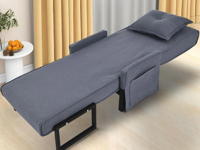 fauteuil chauffeuse canapé-lit convertible 1 place déhoussable coussin pieds accoudoirs métal lin gris