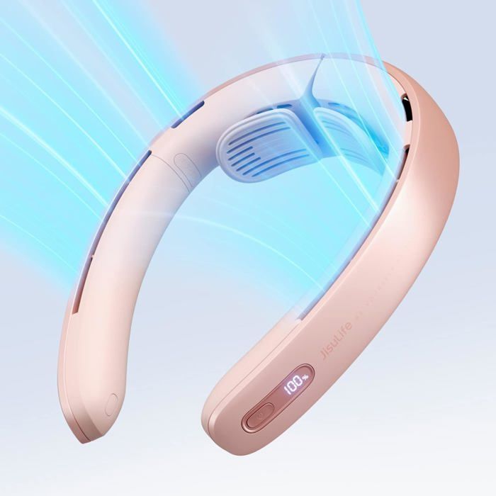 Ventilateur Cou Portable Blanc - USB, 5 Vitesses, 1800mAh, Sans Lame Silencieux Avec Affichage LED, Idéal Bureau, Sport, Camping