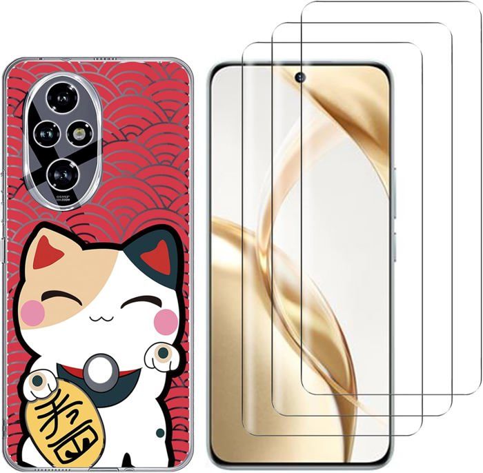 Pour Honor 200 5G Pack complet Coque transparente souple motif chat + 3 films verre trempé 3D incurvé avec colle fournie.