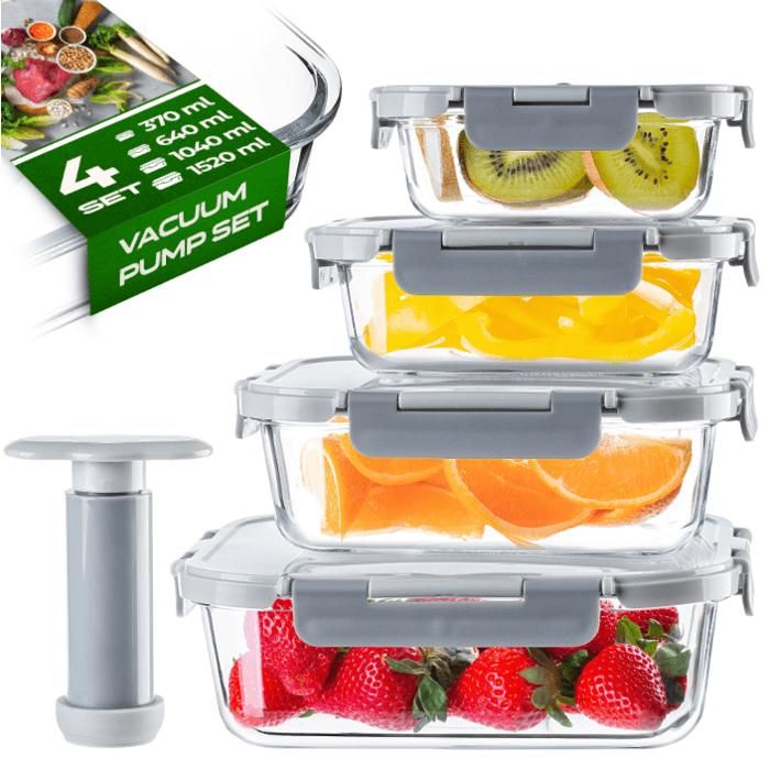 KADAX Ensemble 4 Récipients Sous Vide Verre Pompe Gris Multifonctionnels