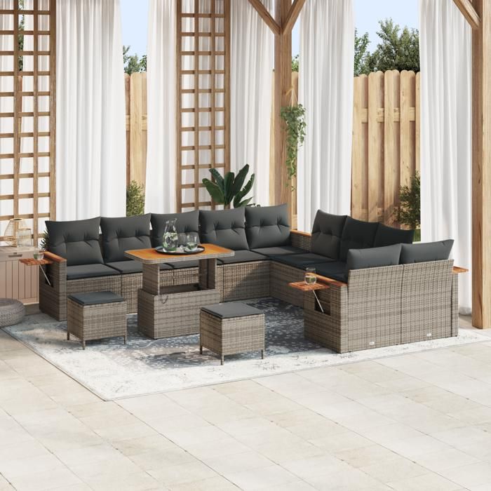 Ensemble de Canapés de Jardin 13 Pièces avec Coussins Gris Poly Rattan Acacia Ensemble de Salle à Manger de Jardin 3 Pièces