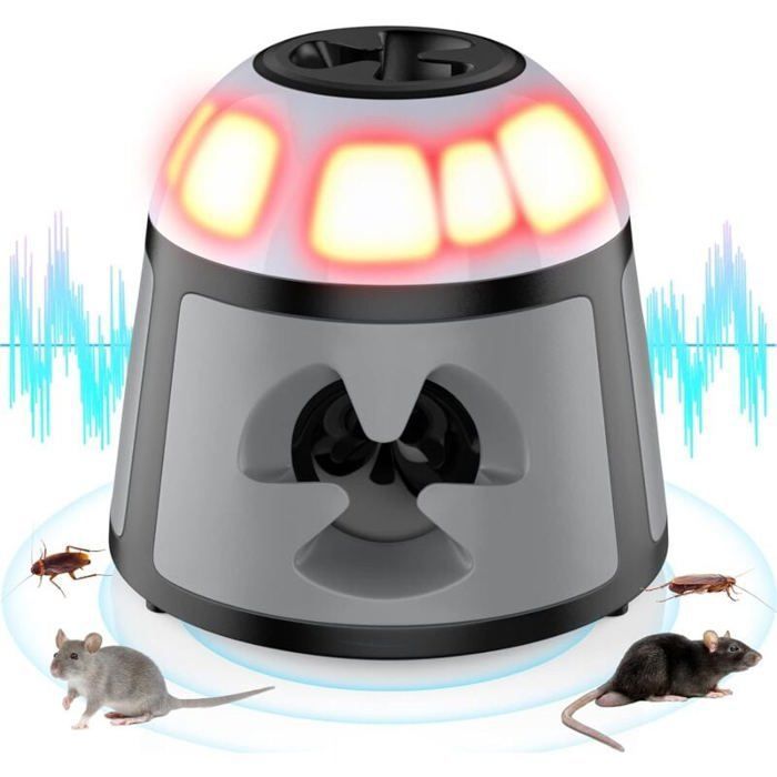 Ultrason Souris et Rats Repulsif Souris Ultrasons 360° Anti Souris avec Lumière LED Appareil Ultras REPULSIF NUISIBLES POUR LA MAI