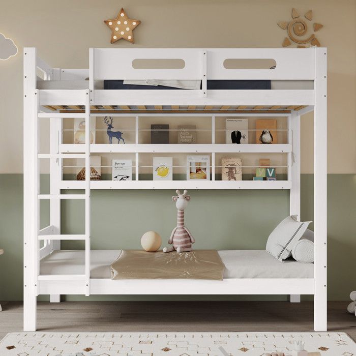 Lit superposé 90x200 lit enfant avec sommier lattes Lit 2 places，Lit mezzanine aver Étagères de rangement， Bois massif+MDF blanc