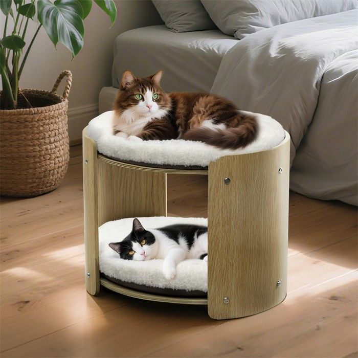 Meilleurs prix pour Niche pour Chat à 2 Niveaux en Hêtre - BingoPaw - Doux en Peluche Simili Lapin Coussin Épais 5cm Base Antidérapante