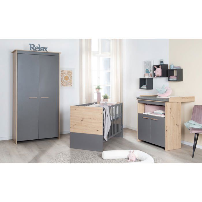 Chambre bébé complète : Lit 60 x 120 cm + commode à langer + armoire - ANNA - ROBA - Chêne Kent / Anthracite