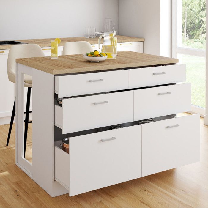 IDMARKET Ilot central mange-debout ORSO 120 cm casserolier 6 tiroirs blanc avec plan de travail façon hêtre IDMARKET Ilot central mange-debout ORSO 120 cm casserolier 6 tiroirs blanc avec plan de travail façon hêtre