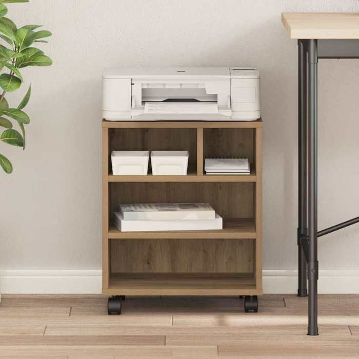 Support dimprimante en bois - WIENS - Chêne artisanal - 41x32x48 cm - Roues - Style Scandinave Moderne