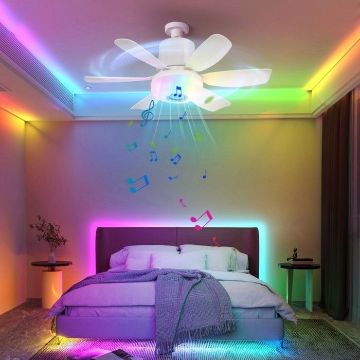 Ventilateur Plafond Silencieux avec RGB Lumière Dimmable 3 Vitesses Lecteur de musique Télécommande + APP Contrôle Plafonnier LED - Qubebu