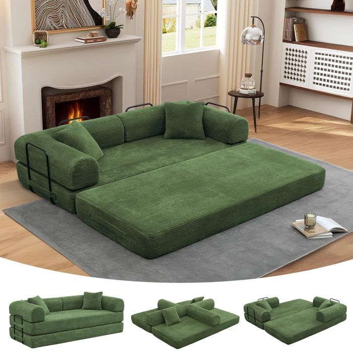 Canapé-lit 200cm de large garnissage en mousse haute densité convertible en canapé-lit 3 places avec accoudoirs Vert