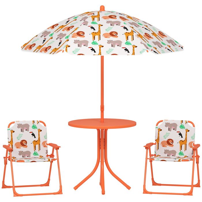 Salon de jardin enfant - AIYAPLAY - table enfant avec 2 chaises pliantes parasol Ø100cm - motif animal - plastique - orange Salon de jardin enfant - AIYAPLAY - table enfant avec 2 chaises pliantes parasol Ø100cm - motif animal - plastique - orange