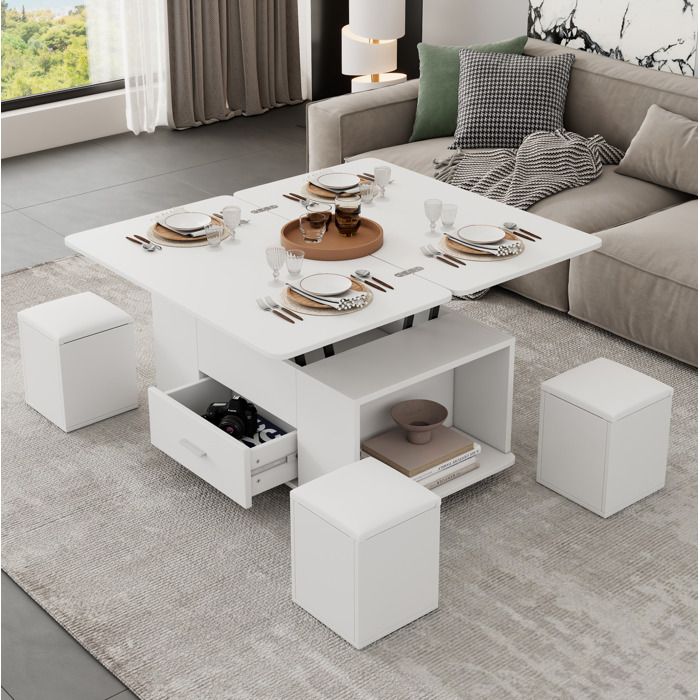 Table basse à roulettes avec 4 tabourets et 1 tiroir. table à manger de salon cuisine. blanc. 100×50×45 cm
