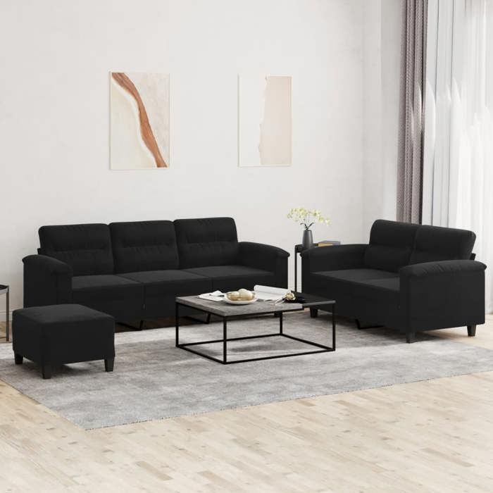 Ensemble de canapés avec coussins - vidaXL - Noir - Tissu microfibre - Canapé 2 places - Canapé 3 places - Repose-pied