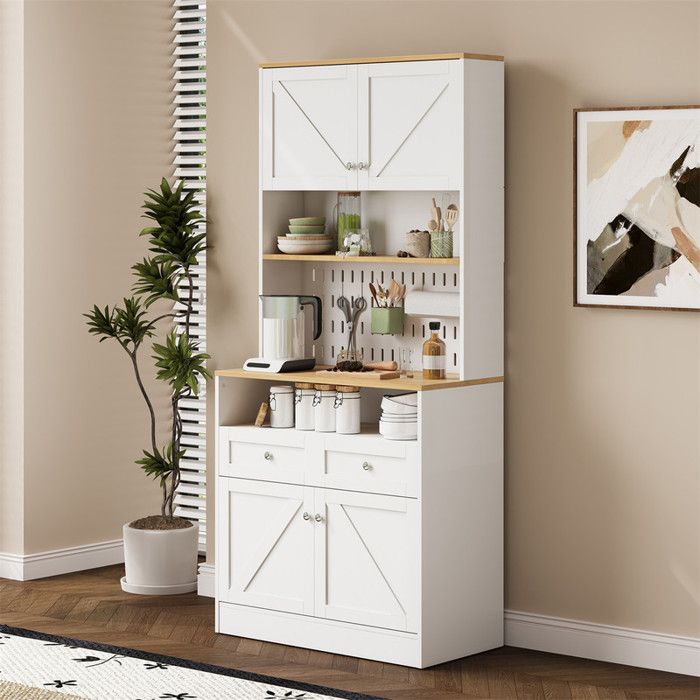 Buffet cuisine haut vaisselier 80 cm avec panneau perforé plan de travail et rangement portes et tiroirs bois blanc campagne