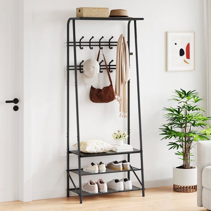 Meuble dentrée 4 en 1 - LUNSY - 64x31x180 cm - Noir - Tringle intégrée - Banc à chaussures - Range-chaussures