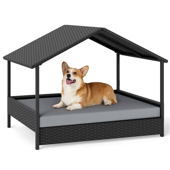 Meilleurs prix pour Lit pour Chien en Rotin PE COSTWAY Lit Surélevé avec Coussin Amovible Gris Cadre en Métal Toit Imperméable Intérieur Extérieur