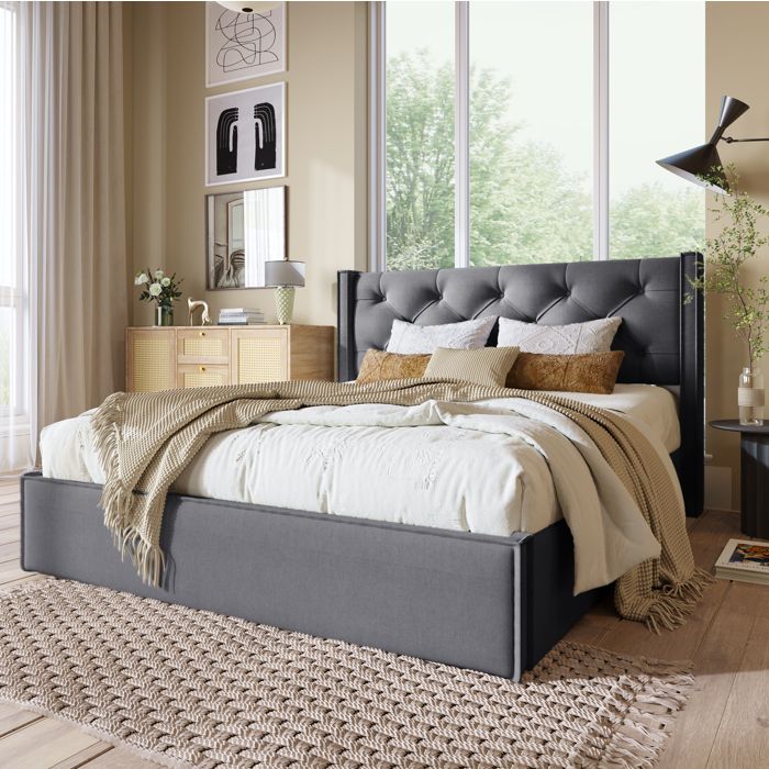 Lit coffre rembourré gris 140 × 200 cm avec tête de lit capitonnée