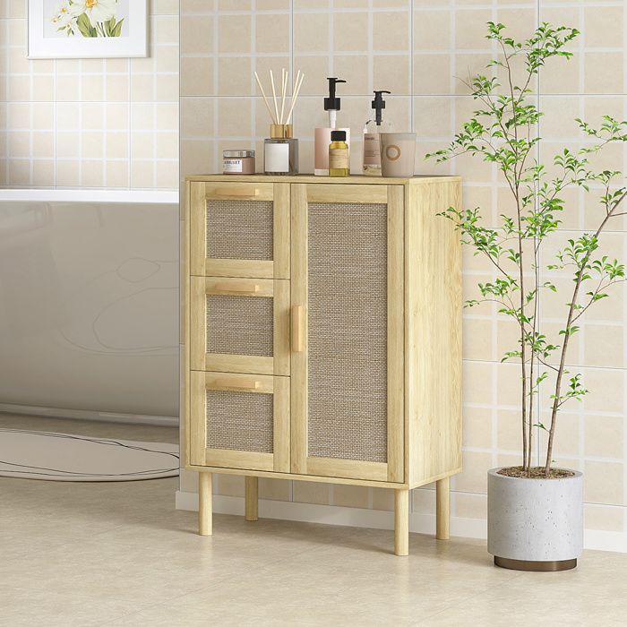 MOTHINESSTO3169-Armoire meuble de rangement style bohème avec 3 tiroirs et 3 étagères façade rotin tissé compact 55 x 30 x 82 cm