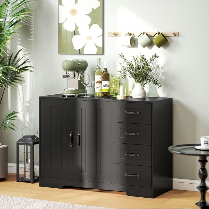 Buffet Enfilade 4 Tiroirs 1 Placard avec Étagère Réglable - BEAUNIV - Moderne Salon Noir 105×40×76 cm