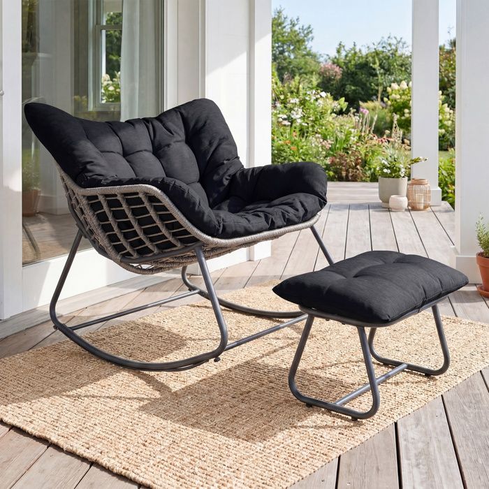Fauteuil de Jardin à Bascule Œuf COSTWAY Repose-pieds Rotin PE Tressé Coussin Noir Intérieur Extérieur Balcon Terrasse Salon