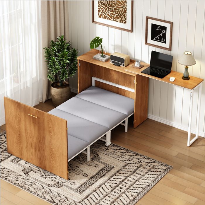 Lit escamotable avec bureau pivotant et matelas - TCQPZ - avec roulettes gain de place bois naturel 90×200 cm