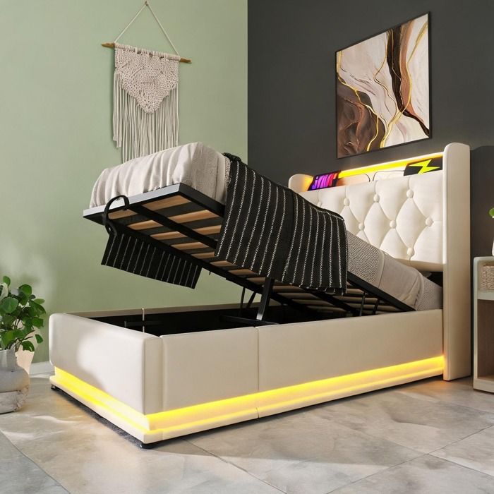 Lit simple en simili cuir blanc 90x200 cm avec rangement hydraulique LED 360° port USB-C et matelas à ressorts ensachés