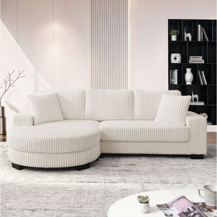 Canapé dangle 4 places avec pouf ovale réversible - YEAVIO - 2 coussins velours côtelé beige 2565 × 1335 × 89 cm