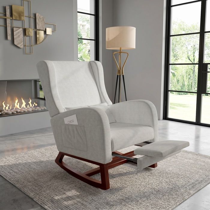Chaise à Bascule Relax Fauteuil à Bascule rembourré en Tissu avec Dossier Haut avec Antidérapant Pieds et Repose-jambes Grey