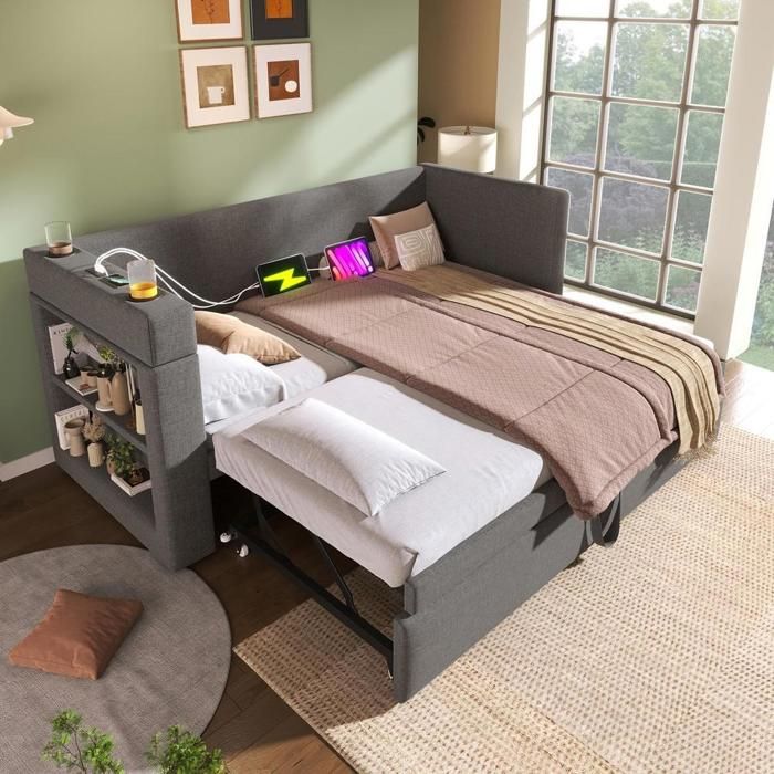 Daybed - KOMHTOM - Daybed 90x190 cm - Lit gigogne - Tiroir-lit - USB Type-C Daybed - KOMHTOM - Daybed 90x190 cm - Lit gigogne - Tiroir-lit - USB Type-C