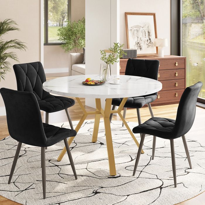 Ensemble Table À Manger 5 Pièces Table Ronde Effet Marbre 4 Chaises En Velours - ELVMI - Moderne Noir Et Doré