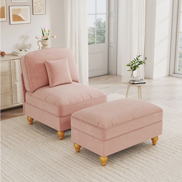 Fauteuil lounge 1 place avec repose-pieds 78 x 835 x 93 cm chenille rose jupe à volants amovible coussin inclus