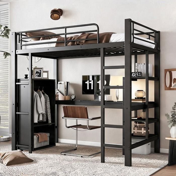 Lit superposé gain de place avec bureau armoire et étagères structure métal et panneaux de particules noir couchage 90x200 cm