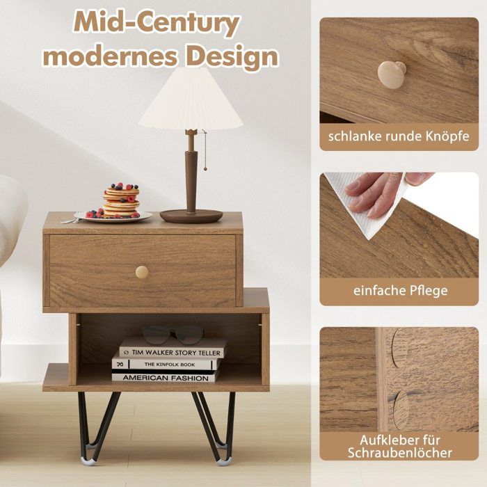 Lot de 2 tables de chevet avec tiroir amovible rangement ouvert pieds en métal pour chambre et petit espace