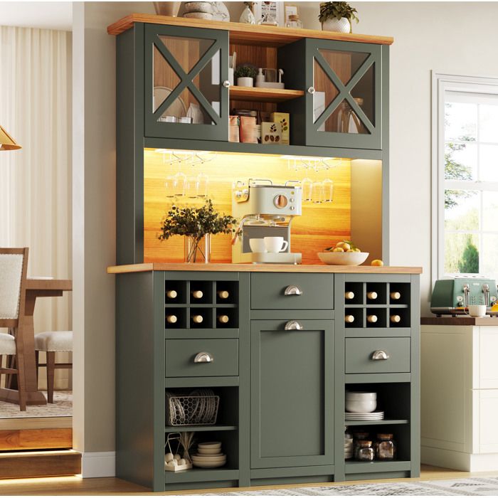Colonne de cuisine 3 portes 3 tiroirs LED USB et étagères réglables - HAVRYA - verre vert antique 120×45×188 cm