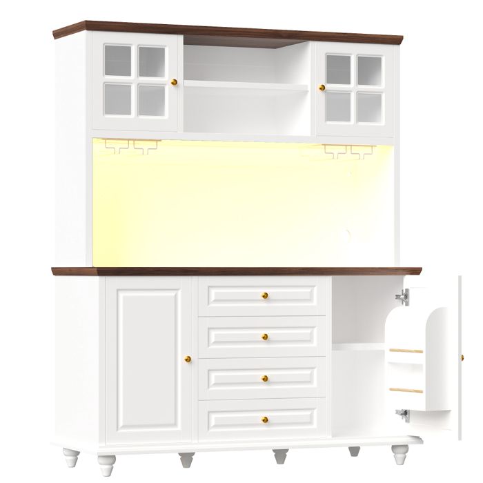 Buffet de cuisine blanc avec LED RGB étagères réglables porte-verres en métal et pieds en bois Buffet de cuisine blanc avec LED RGB étagères réglables porte-verres en métal et pieds en bois