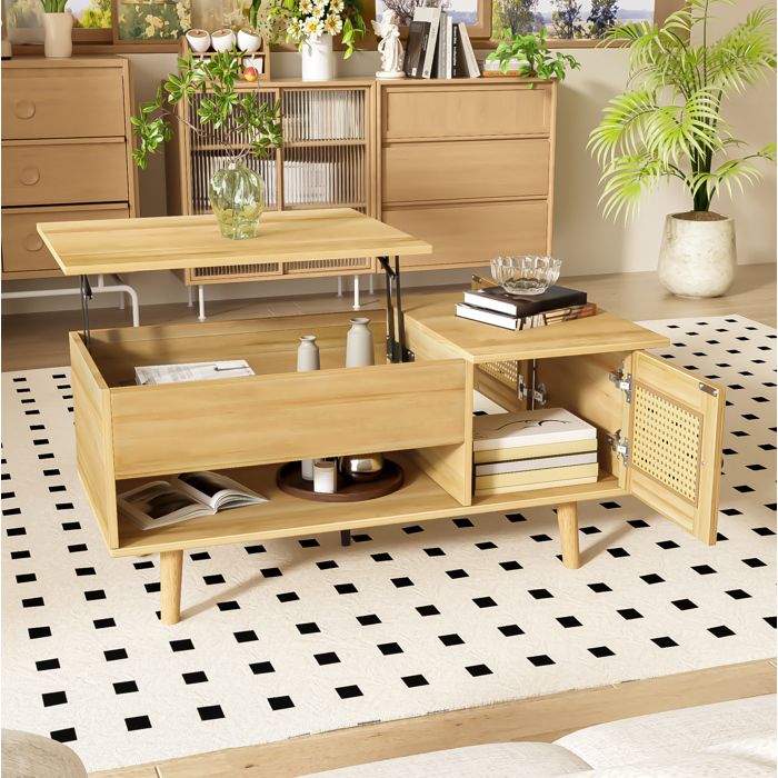 Table basse plateau relevable avec rangement bois noir et portes imitation rotin pour salon contemporain TYNQER