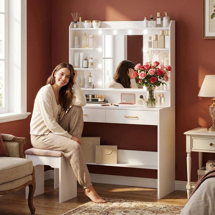 Coiffeuse blanche avec miroir de maquillage et étagère deux tiroirs éclairage LED réglable adaptée pour la chambre et le salon