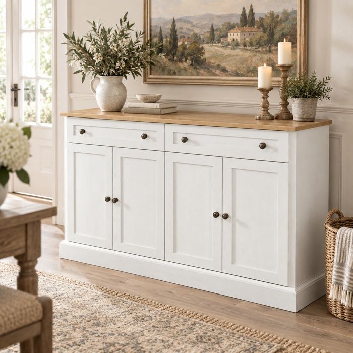 Buffet Bas 150 x 40 x 86 cm 4 Portes et 2 Tiroirs Étagères Réglables Plateau Aspect Bois Blanc Antique et Naturel
