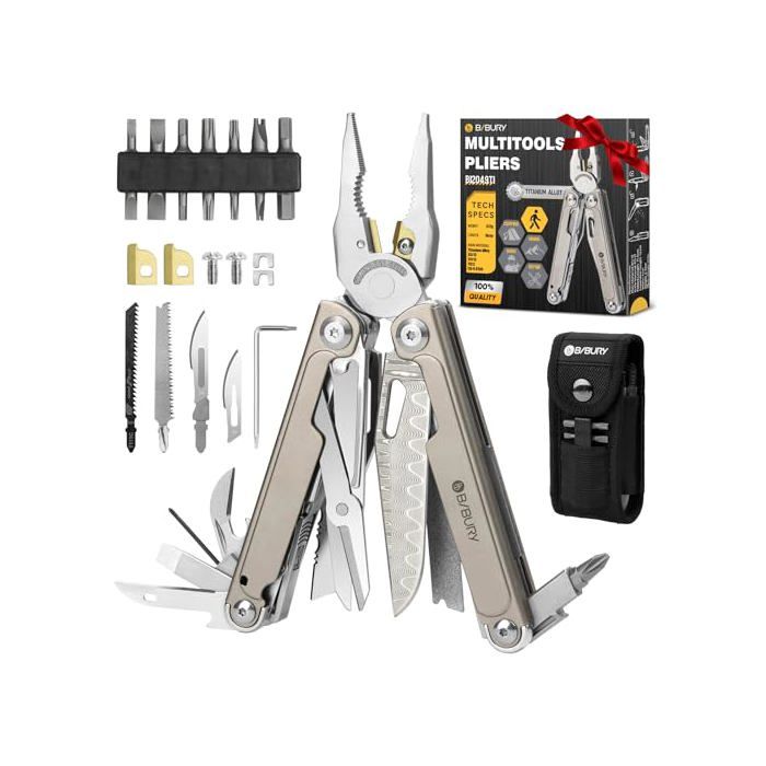 Pince Multifonctions en Alliage de Titane et Acier Damas Outil Multifonction Multitool Idee Cadeau Homme Anniversaire Saint