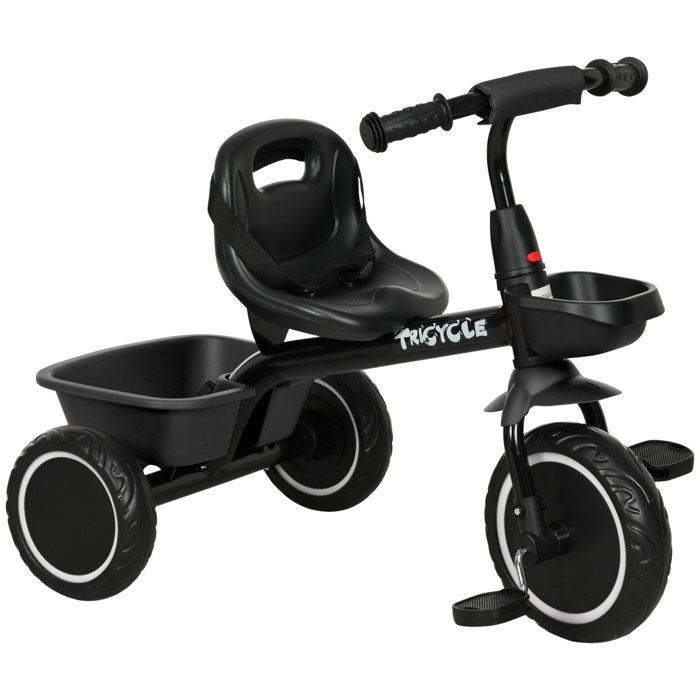 Tricycle pour enfant - AIYAPLAY - évolutif siège réglable pédales 2 paniers ceinture 2 à 5 ans - métal - noir