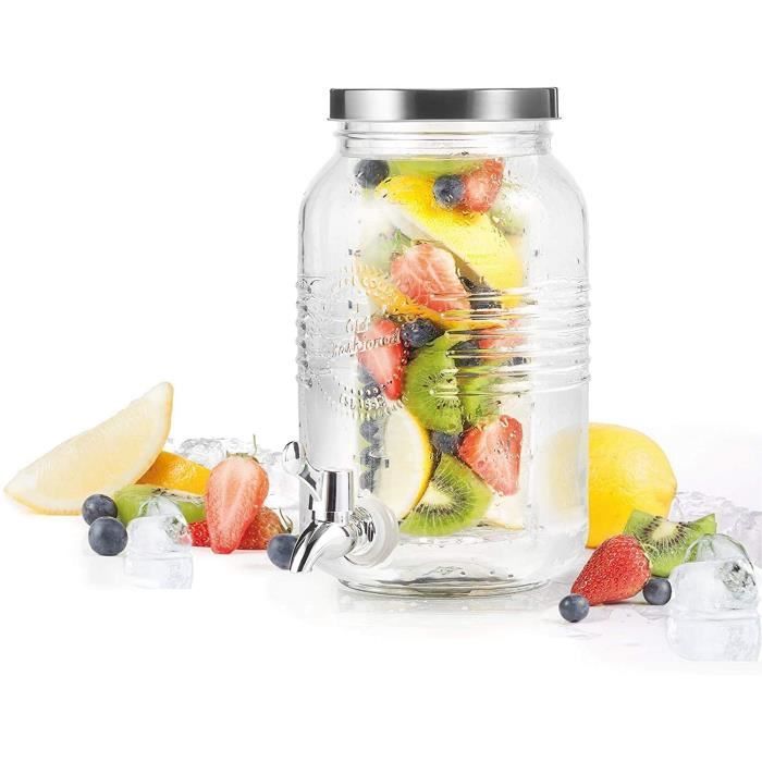 Well Home Distributeur De Boissons En Verre 5,5 L - Avec Couvercle Étain Et Robinet PP
