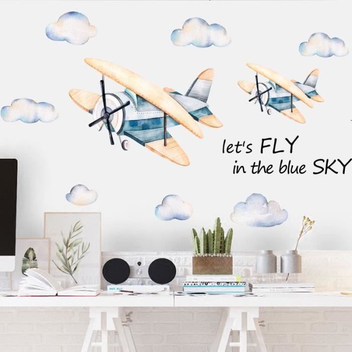 Sticker Pvc Mural Dessin Anime Aquarelle Decoration De Fond Maternelle Avion Nuage Achat Vente Stickers Cdiscount
